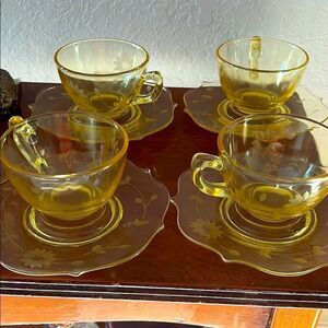 Lancaster Depression Yellow Glass Jubilee Set of 4 Teacups and Saucers